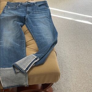 Ag Adriano Goldschmied Medium Blue Cropped Jeans with Cuffed Hem